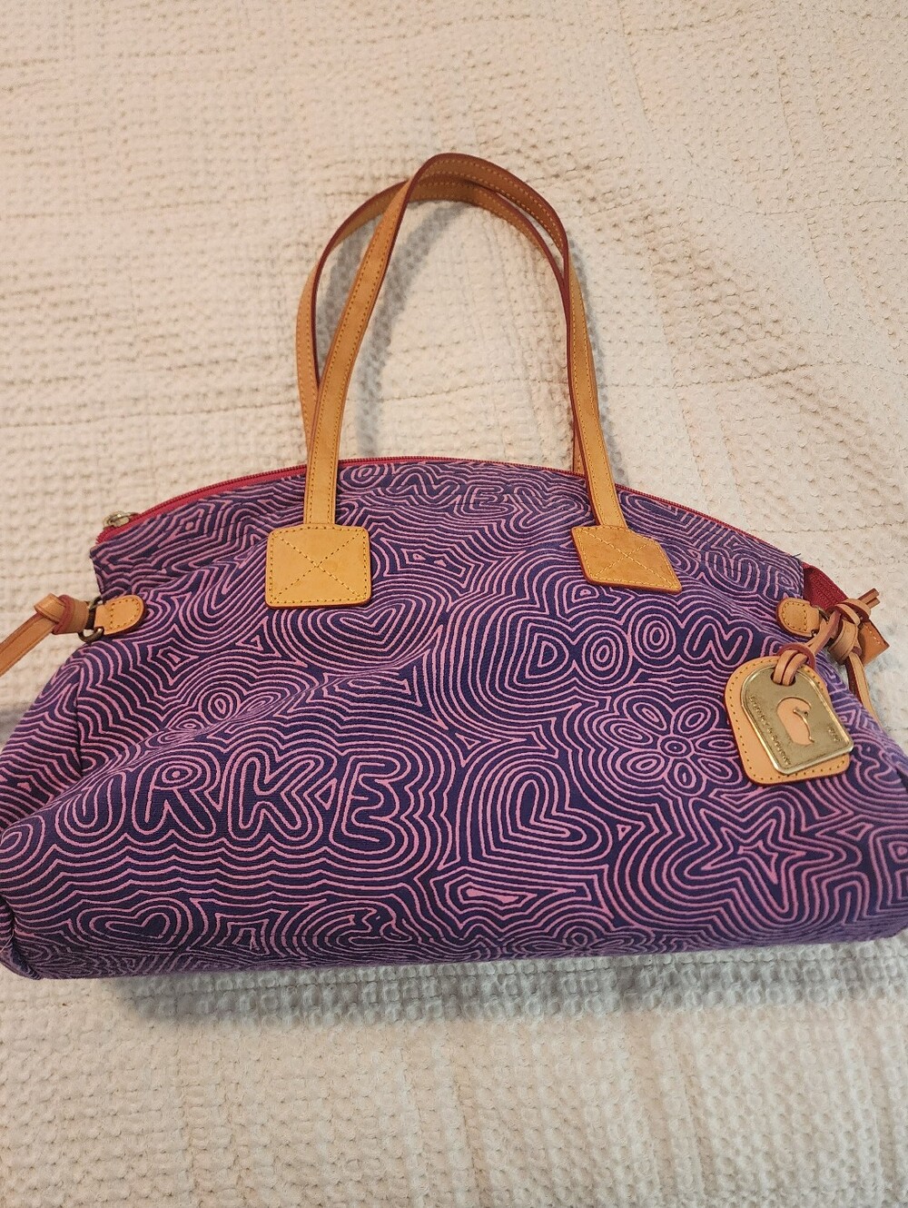 Vintage Dooney & Bourke Purple Patterned Tote Bag with Tan Leather Handles